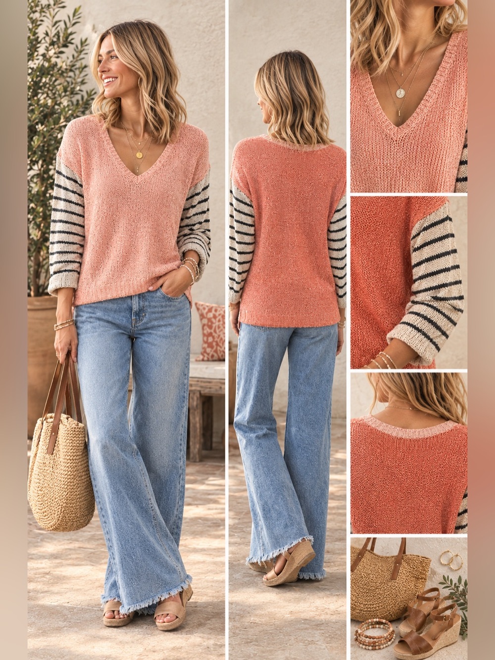 Hem & Thread Two Tone Knit Striped Long Sleeve Lightweight Tunic S